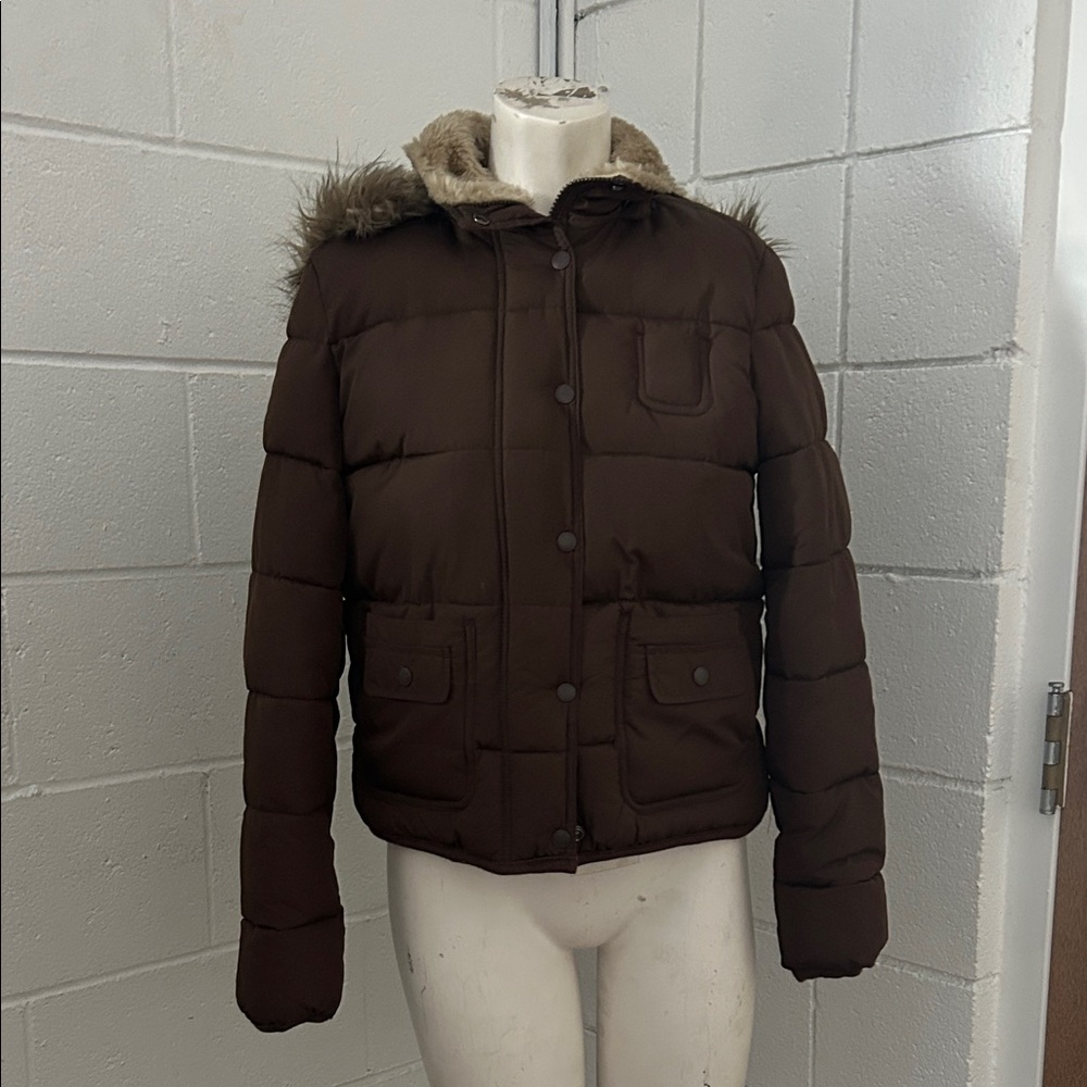 Aeropostale Chocolate Brown Puffer Jacket with Fur Hood